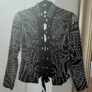 Black and White Beaded Jacket with Lace-Up Front